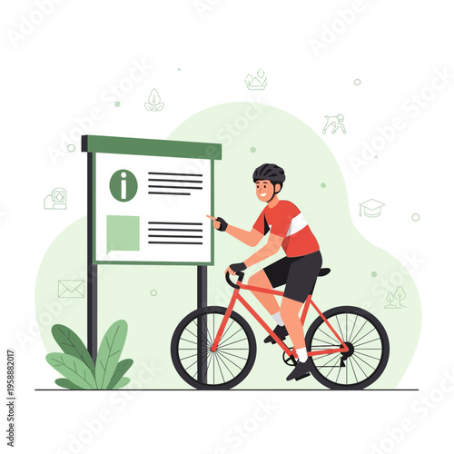 Active Cyclist Seeks Information At Outdoor Signpost