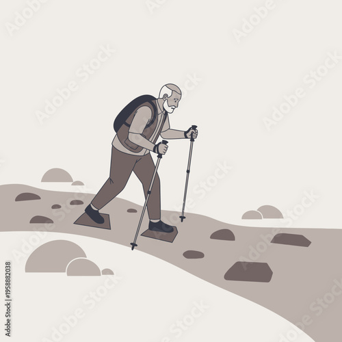 Active Senior Hiker Ascends Rocky Trail With Trekking Poles And Backpack