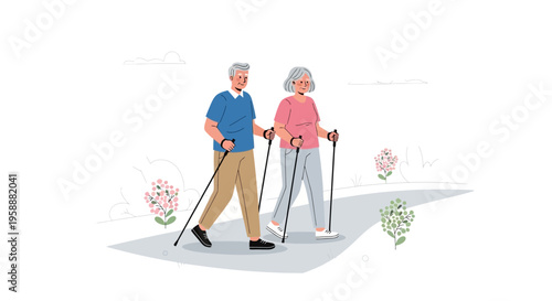 Active Senior Couple Nordic Walking Outdoors Enjoying Healthy Lifestyle