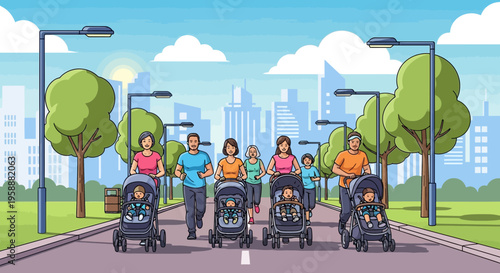 Active Families Jogging With Strollers Through A Vibrant City Park