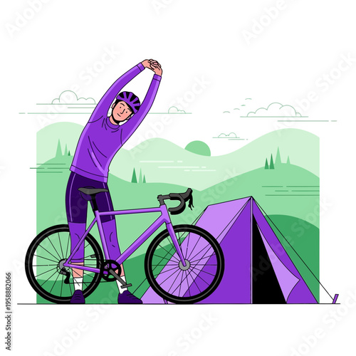 Active Cyclist Stretching Near Tent Amidst Scenic Green Landscape For Outdoor Adventures