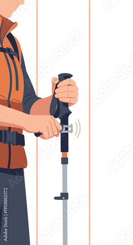 Active Hiker Adjusts Trekking Pole For Outdoor Adventure