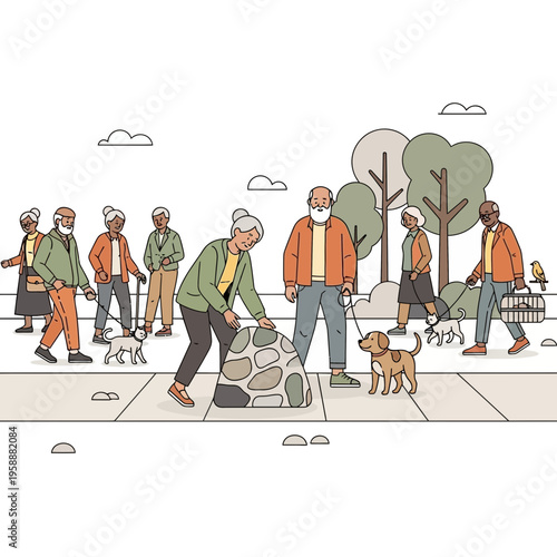 Active Seniors Enjoying Daily Walks With Their Beloved Canine Companions Outdoors