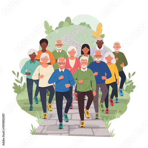 Active Seniors Enjoying Group Jogging Outdoor Fitness Fun