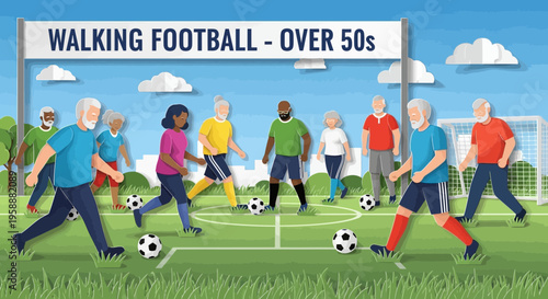 Active Seniors Enjoying A Game Of Walking Football On A Sunny Day