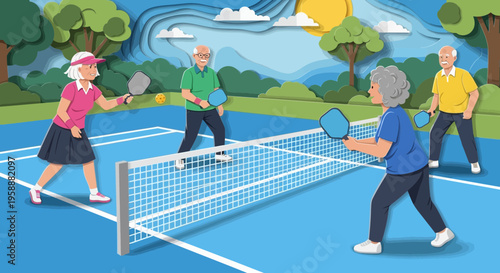 Active Seniors Enjoying Outdoor Pickleball Game