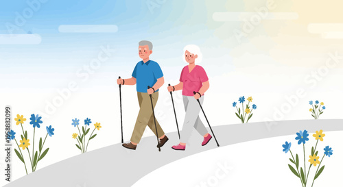 Active Seniors Enjoying Nordic Walking And Blooming Flowers Outdoors
