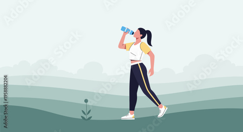 Active Woman Hydrating During Outdoor Activity In Serene Landscape