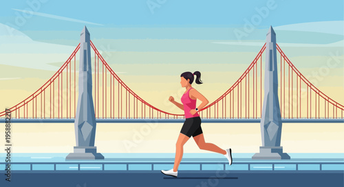 Active Woman Jogging Across Iconic Suspension Bridge