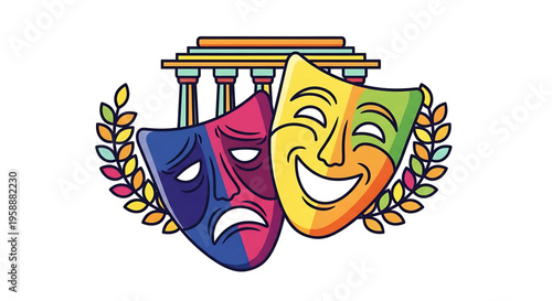 A colorful vector graphic of comedy and tragedy masks surrounded by a laurel wreath and columns, symbolizing theater and performance.