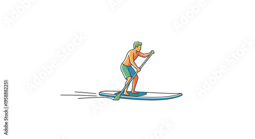 Active Man Paddleboarding on Calm Water Vector Illustration Sporty Hobby