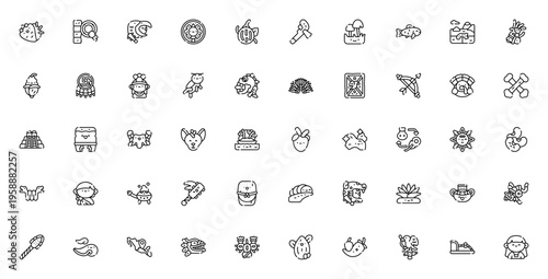 Aztec icon set. Vector symbols collection of Shell, Ballgame, Eagle, Tenochtitlan, Quetzalcoatl, Corn, Jaguar, Sacrifice, and more. Editable stroke.