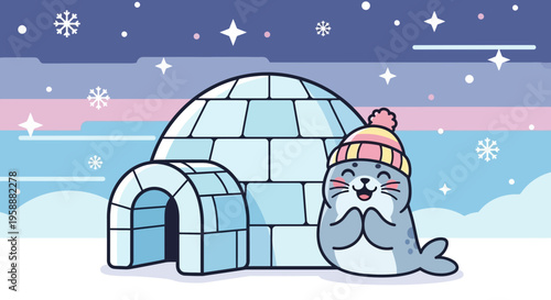 Adorable Seal In Winter Wonderland With Igloo Illustration