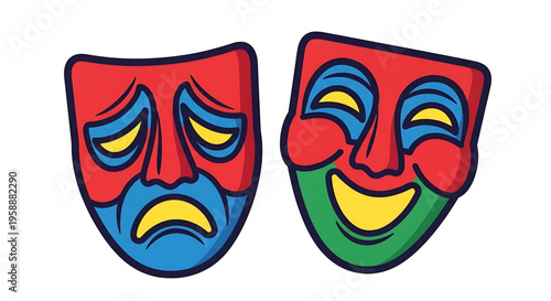 A colorful vector graphic illustration of comedy and tragedy masks for theater or performance design