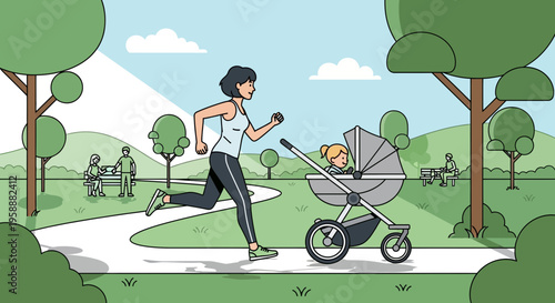 Active Mother Jogging With Baby In Stroller Through Scenic Park Landscape