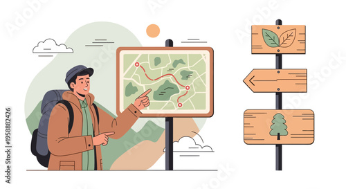 Adventure Awaits A Hiker Consults A Trail Map At A Junction