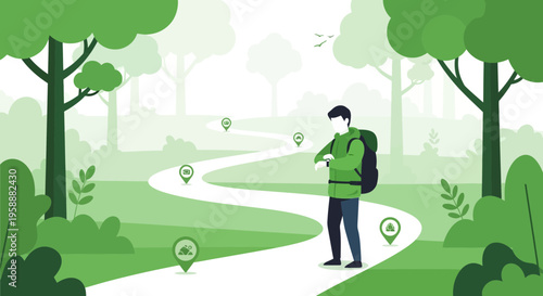 Adventure Awaits A Hiker Navigates A Scenic Forest Path With Digital Markers