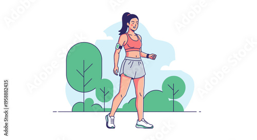 Active Woman Power Walking Outdoors Amidst Lush Green Park Scenery