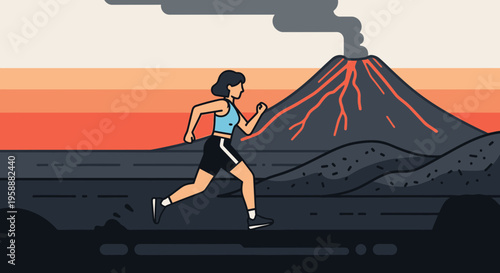 Active Woman Running Against Volcanic Landscape Sunset And Sunrise