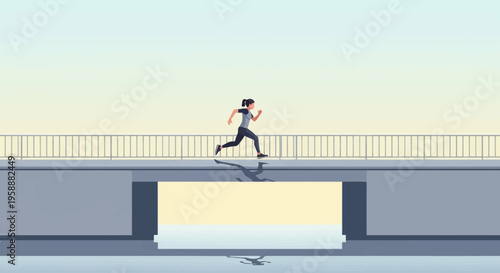 Active Woman Running Across Modern Bridge At Sunrise
