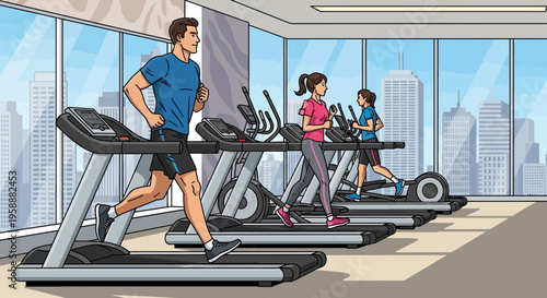 Active People Exercising On Treadmills In A Modern Gym With City Views