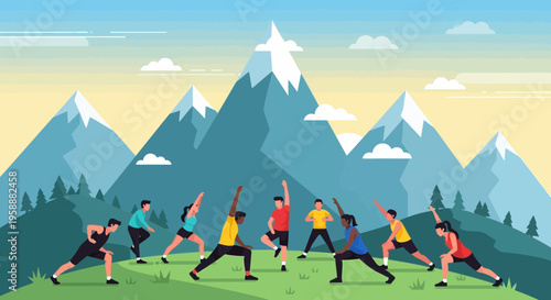 Active People Exercising In A Mountainous Landscape At Sunrise