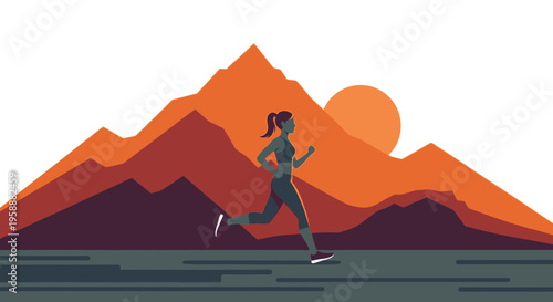 Active Woman Running Amidst Vibrant Mountain Landscape And Sunrise