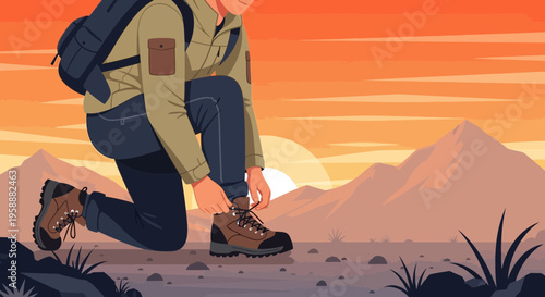 Adventure Awaits A Hiker Prepares For Expedition At Sunrise