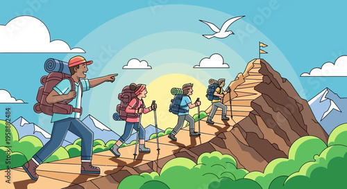 Adventure Awaits A Team Ascending A Mountain Peak Towards A Bright Horizon