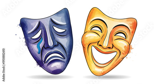 A colorful illustration of comedy and tragedy masks in a modern flat design style