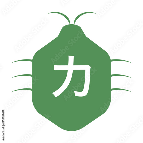 カメムシのデフォルメアイコンイラスト、文字入り、緑