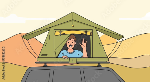 Adventure awaits in rooftop tent camping scene with a friendly waving traveler exploring nature