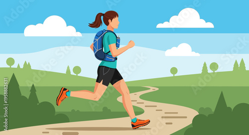 Active Woman Trail Running With Backpack Through Scenic Landscape