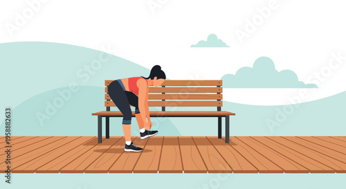 Active Woman Tying Shoe Laces Beside Park Bench Outdoor Scene