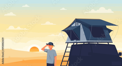 Adventure Awaits Man Gazing At Desert Sunrise With Rooftop Tent Setup