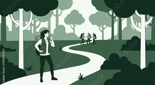 Adventure Awaits On A Winding Forest Path With Backpackers