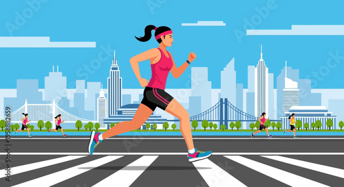 Active Women Runners Competing in Urban Marathon Race