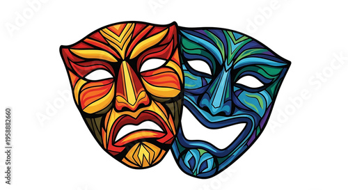A colorful vector graphic of comedy and tragedy masks for theater or performance design