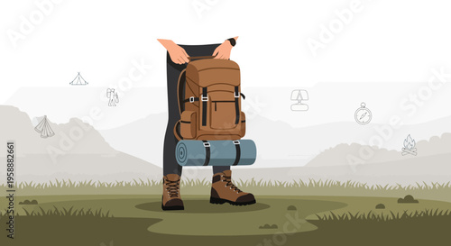 Adventure Awaits Person Holding Backpack Ready For Mountain Trekking