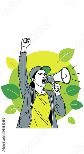 Activist With Megaphone Raising Fist Against Green Leaf Background
