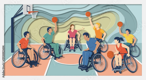 Adaptive Athletes Competing in Wheelchair Basketball Dynamic Action Illustration