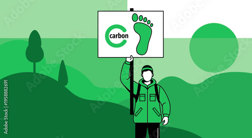 Activist Holds Sign About Carbon Footprint With Green Landscape Background