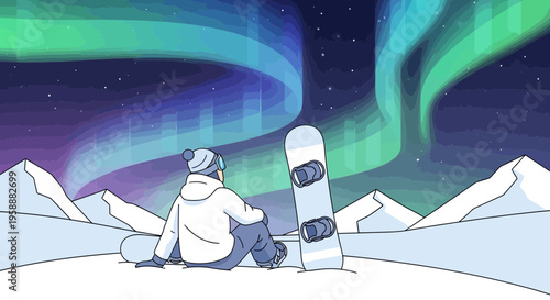 Admiring Celestial Aurora Above Snow Covered Peaks With Snowboarder