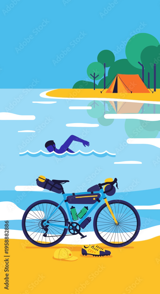 Fototapeta premium Adventure Bicycle Camping And Swimming Serene Summer Trip Outdoor Recreation