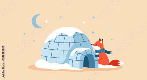 Adorable Fox In Scarf By Snow Igloo Under Crescent Moon