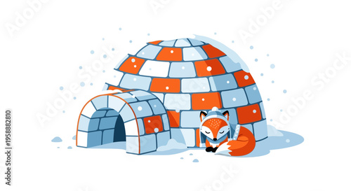 Adorable Fox Sleeps Near Cozy Igloo During Winter Snowfall