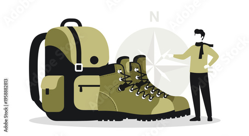 Adventure Awaits With Hiking Boots Backpack And Compass Guiding The Way