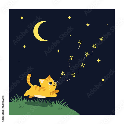 Adorable Kitten Chasing Fireflies Under A Crescent Moon