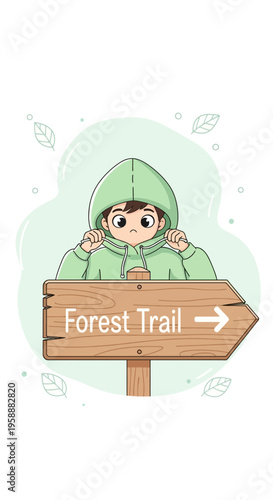 Adorable Kid Dressed In Green Hoodie Ready For Forest Trail Adventure