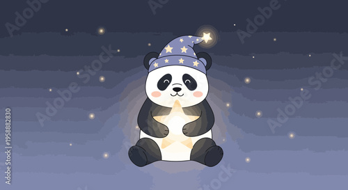 Adorable Panda In Pajamas Holding A Glowing Star Under A Starry Night Sky